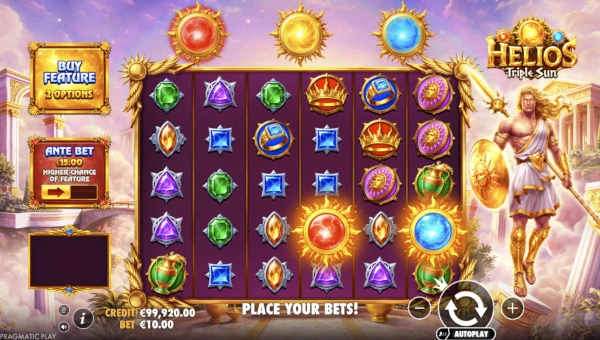 Helios Triple Sun base game screenshot showing reels and features