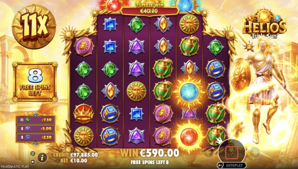 Screenshot of Helios Triple Sun slot demo showing reels and bonus game features