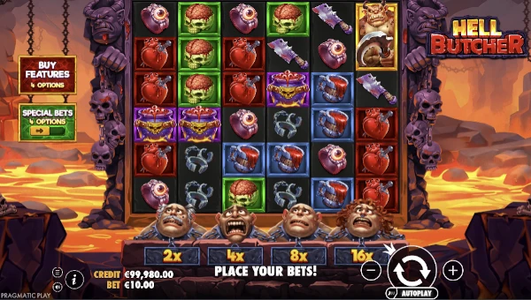 Hell Butcher base game screenshot showing reels and features
