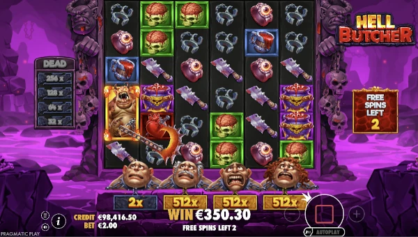 Screenshot of Hell Butcher slot demo showing reels and bonus game features