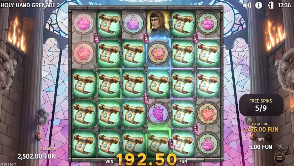 Screenshot of Holy Hand Grenade 2 slot demo showing reels and bonus game features