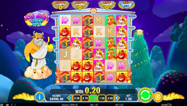 Holy Moo Extreme Power base game screenshot showing reels and features