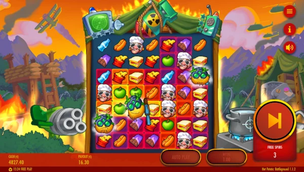 Screenshot of Hot Potato Battleground slot demo showing reels and bonus game features