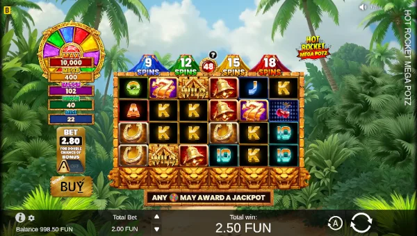 Hot Rocket Mega Potz base game screenshot showing reels and features