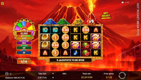 Screenshot of Hot Rocket Mega Potz slot demo showing reels and bonus game features