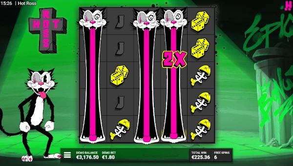 Screenshot of Hot Ross slot demo showing reels and bonus game features