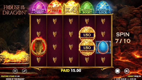 Screenshot of House of the Dragon slot demo showing reels and bonus game features