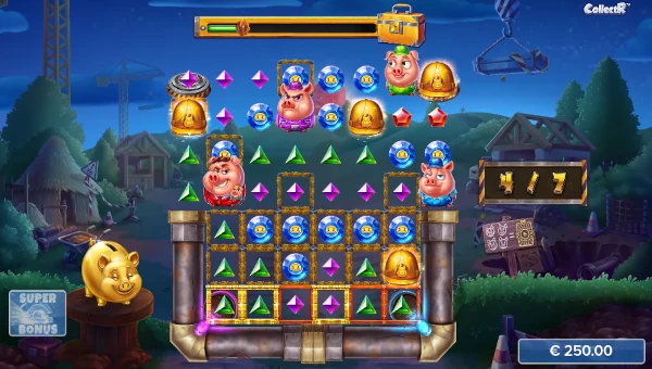 Screenshot of Huff N Puff CollectR slot demo showing reels and bonus game features