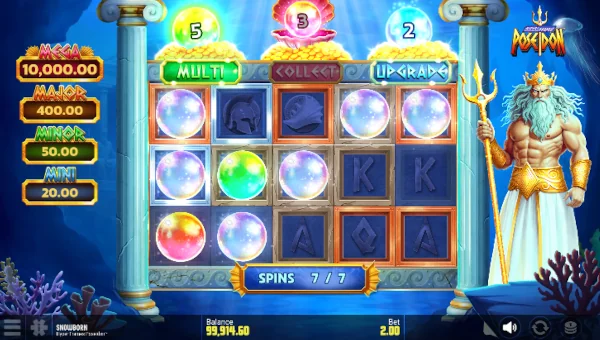 Screenshot of Hyper Frames Poseidon slot demo showing reels and bonus game features