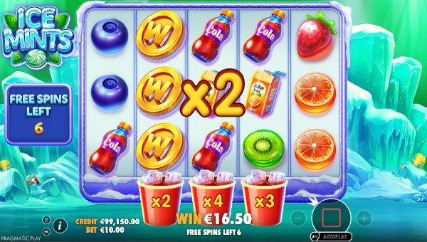 Screenshot of Ice Mints slot demo showing reels and bonus game features