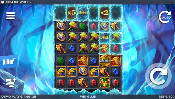 Ice Wolf 2 base game screenshot showing reels and features