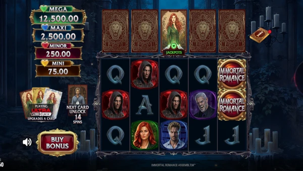 Immortal Romance Assembl Em base game screenshot showing reels and features