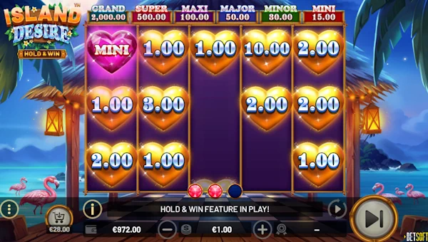 Screenshot of Island Desire slot demo showing reels and bonus game features
