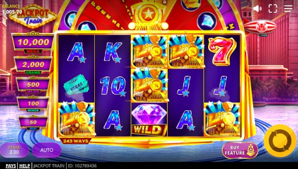 Jackpot Train base game screenshot showing reels and features