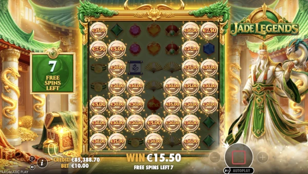 Screenshot of Jade Legends slot demo showing reels and bonus game features