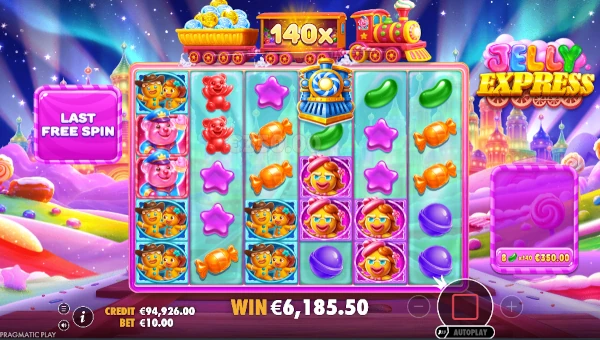 Screenshot of Jelly Express slot demo showing reels and bonus game features