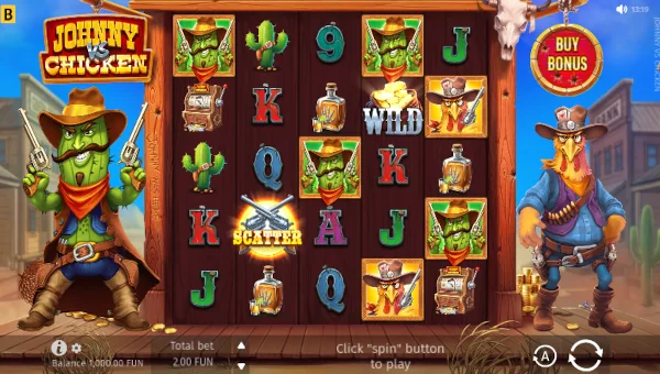 Johnny vs Chicken base game screenshot showing reels and features