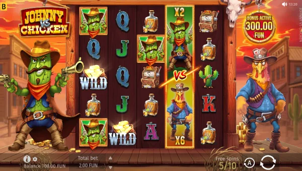 Screenshot of Johnny vs Chicken slot demo showing reels and bonus game features