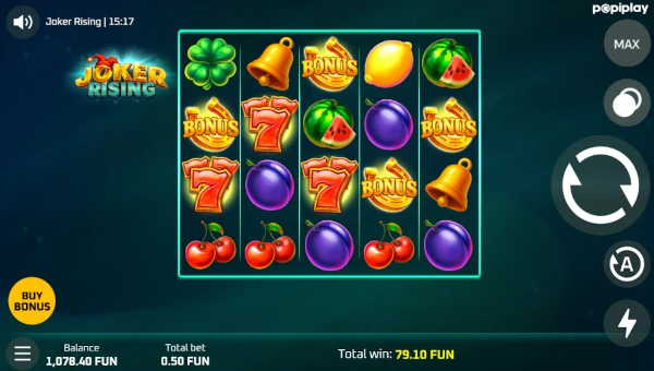 Joker Rising base game screenshot showing reels and features