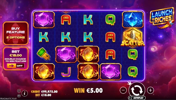 Launch to Riches base game screenshot showing reels and features