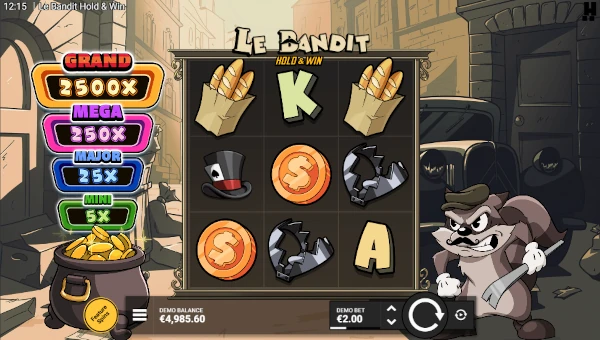 Le Bandit Hold and Win base game screenshot showing reels and features