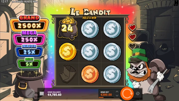 Screenshot of Le Bandit Hold and Win slot demo showing reels and bonus game features