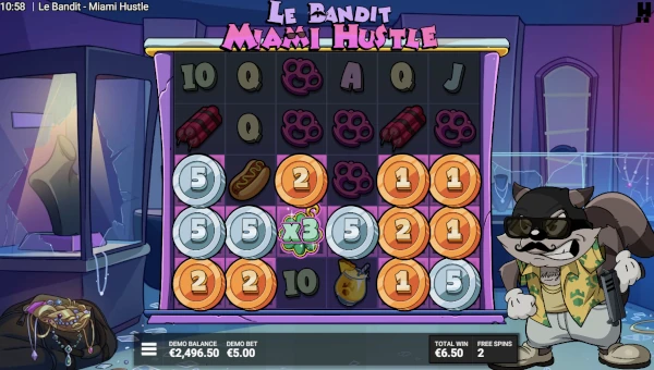 Screenshot of Le Bandit Miami Hustle slot demo showing reels and bonus game features