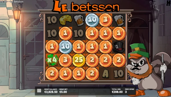 Screenshot of Le Betsson slot demo showing reels and bonus game features