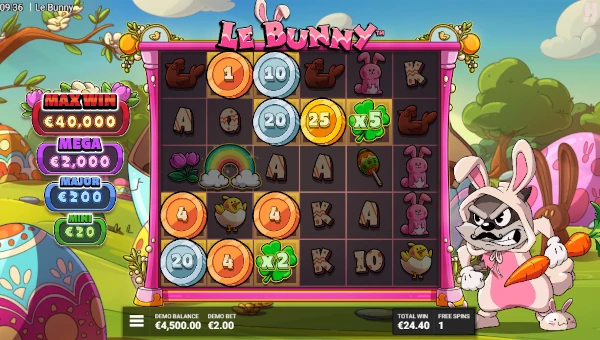 Screenshot of Le Bunny slot demo showing reels and bonus game features