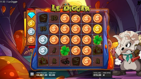 Screenshot of Le Digger slot demo showing reels and bonus game features