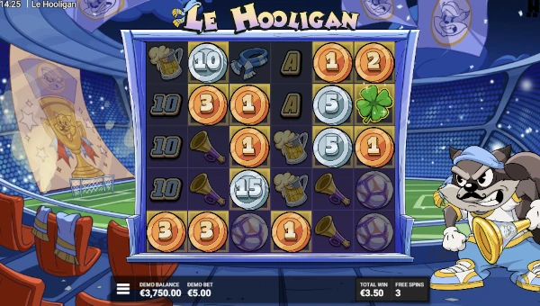 Screenshot of Le Hooligan slot demo showing reels and bonus game features