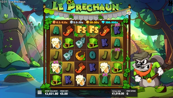 Screenshot of Le Prechaun slot demo showing reels and bonus game features