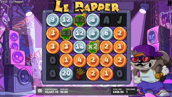 Screenshot of Le Rapper slot demo showing reels and bonus game features