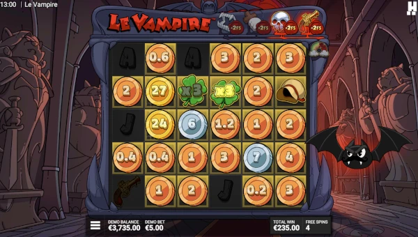 Screenshot of Le Vampire slot demo showing reels and bonus game features