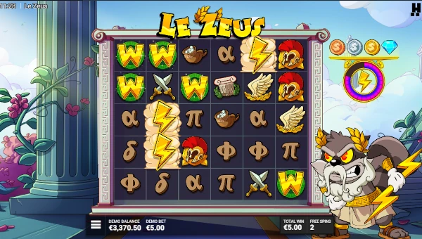Screenshot of Le Zeus slot demo showing reels and bonus game features
