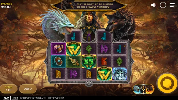 Lokis Descendants base game screenshot showing reels and features