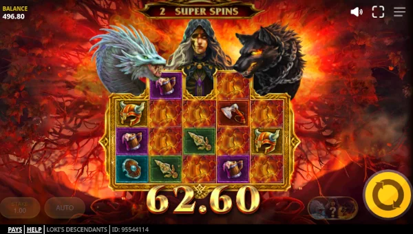 Screenshot of Lokis Descendants slot demo showing reels and bonus game features
