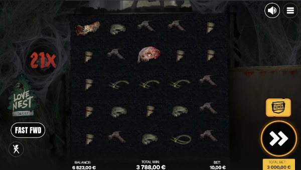 Screenshot of Love Nest slot demo showing reels and bonus game features