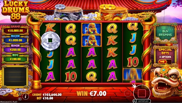 Lucky Drums 88 base game screenshot showing reels and features