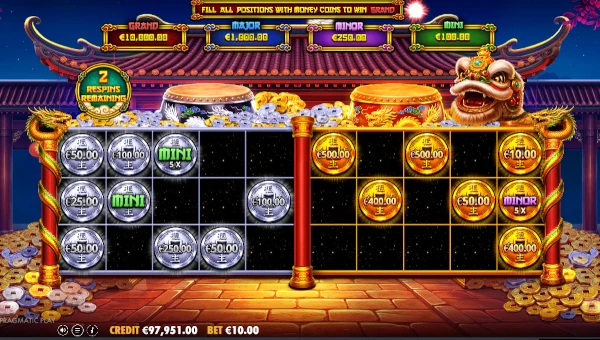 Screenshot of Lucky Drums 88 slot demo showing reels and bonus game features