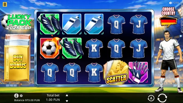 Lucky Pack 2026 Cup base game screenshot showing reels and features