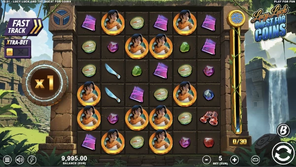 Lucy Luck and the Quest for Coins base game screenshot showing reels and features