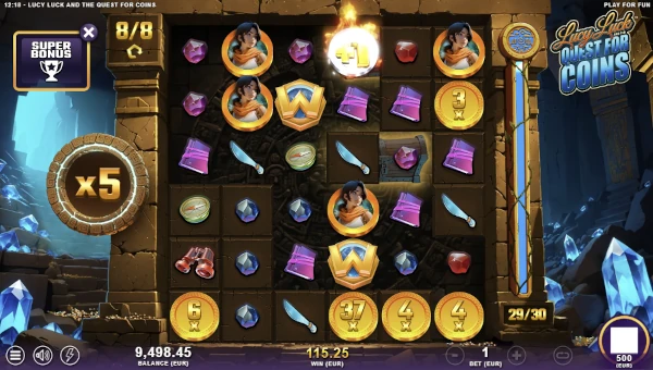 Screenshot of Lucy Luck and the Quest for Coins slot demo showing reels and bonus game features