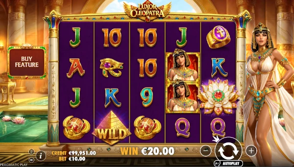 Luxor of Cleopatra base game screenshot showing reels and features