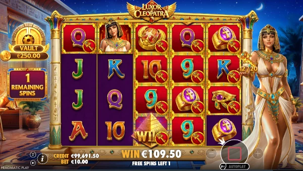 Screenshot of Luxor of Cleopatra slot demo showing reels and bonus game features