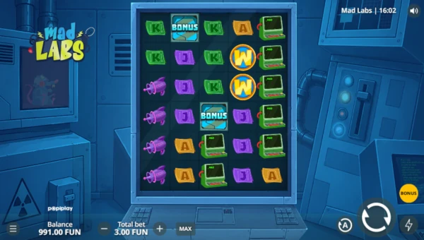 Mad Labs base game screenshot showing reels and features