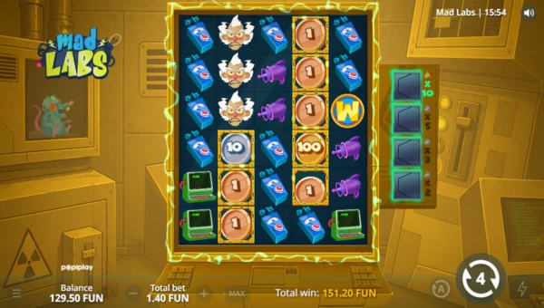 Screenshot of Mad Labs slot demo showing reels and bonus game features