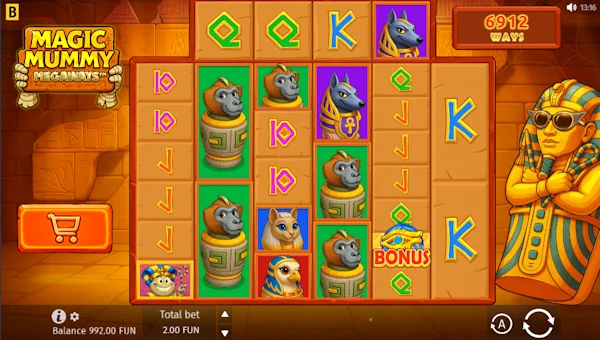 Magic Mummy Megaways base game screenshot showing reels and features