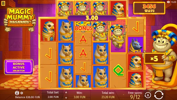 Screenshot of Magic Mummy Megaways slot demo showing reels and bonus game features