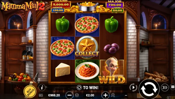 Mamma Mia 2 base game screenshot showing reels and features